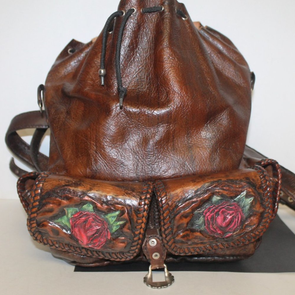 New Handmade Tooled Roses Angel Backpack & Wallet - Picture 4 of 16